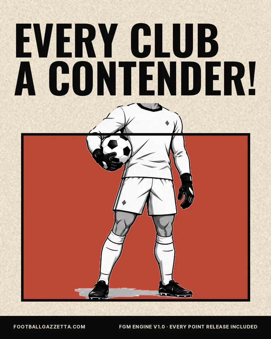 Campaign poster: Every club a contender! A goalkeeper holding the ball on cream and red