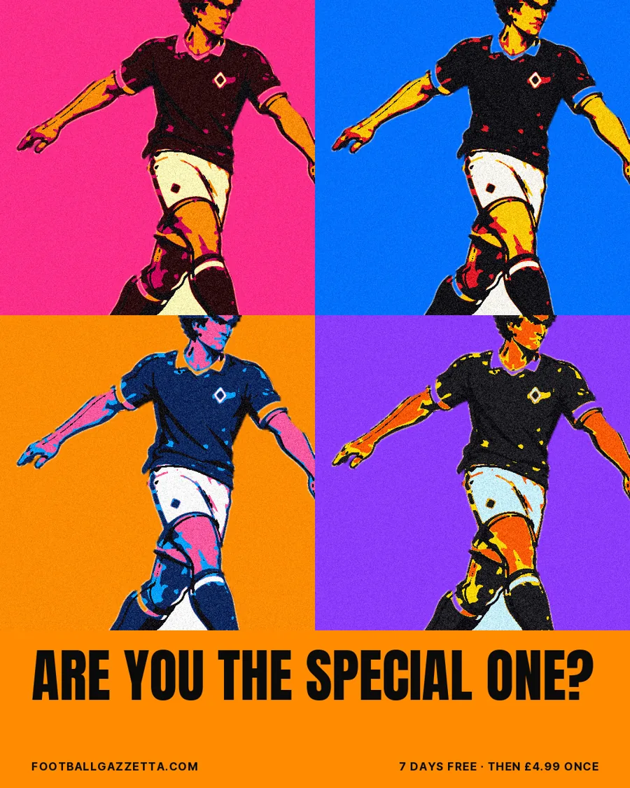 Campaign poster: the same player in four kits and four colourways, headline Are you the special one?