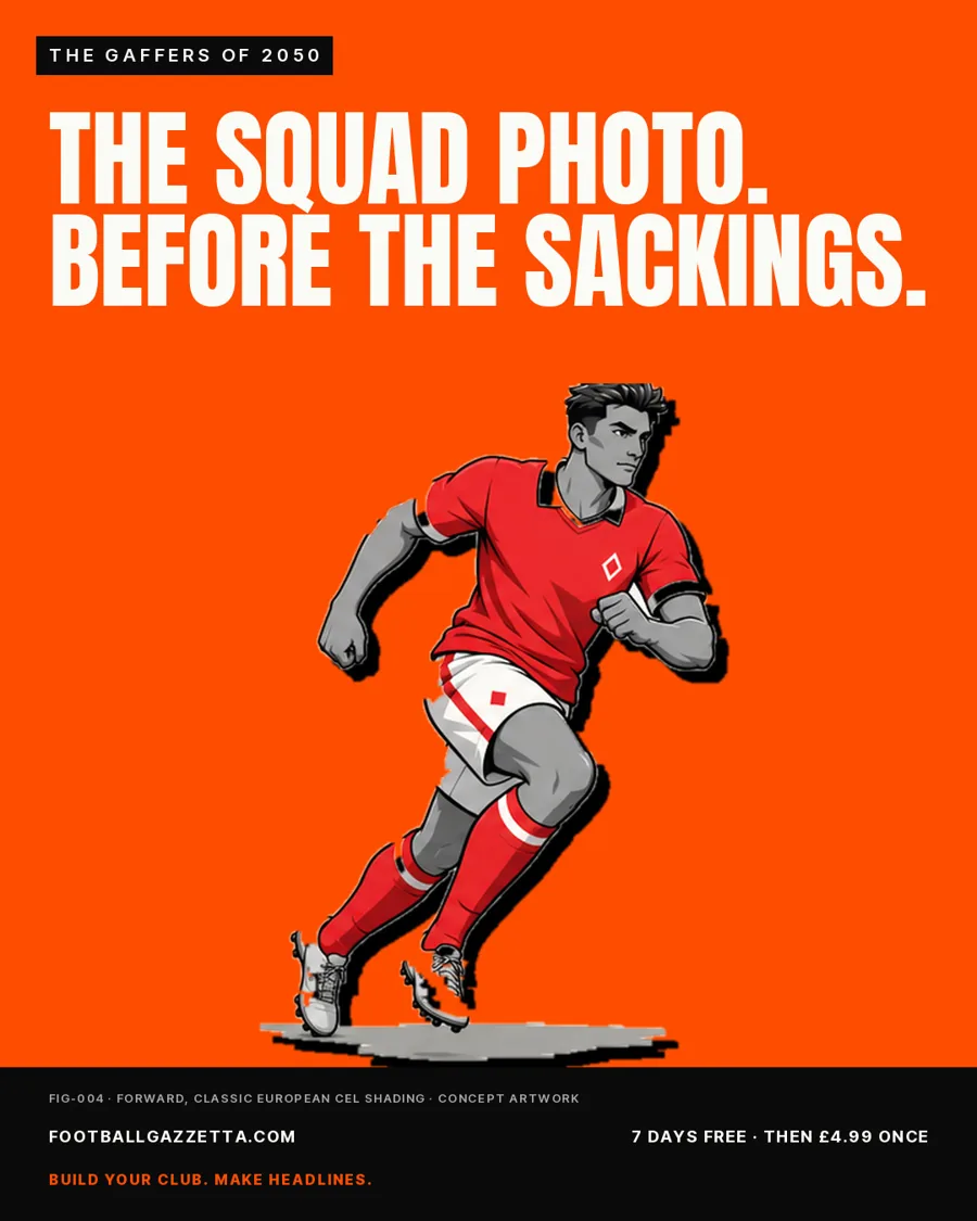 Campaign poster: The squad photo before the sackings. A forward in a red shirt on orange