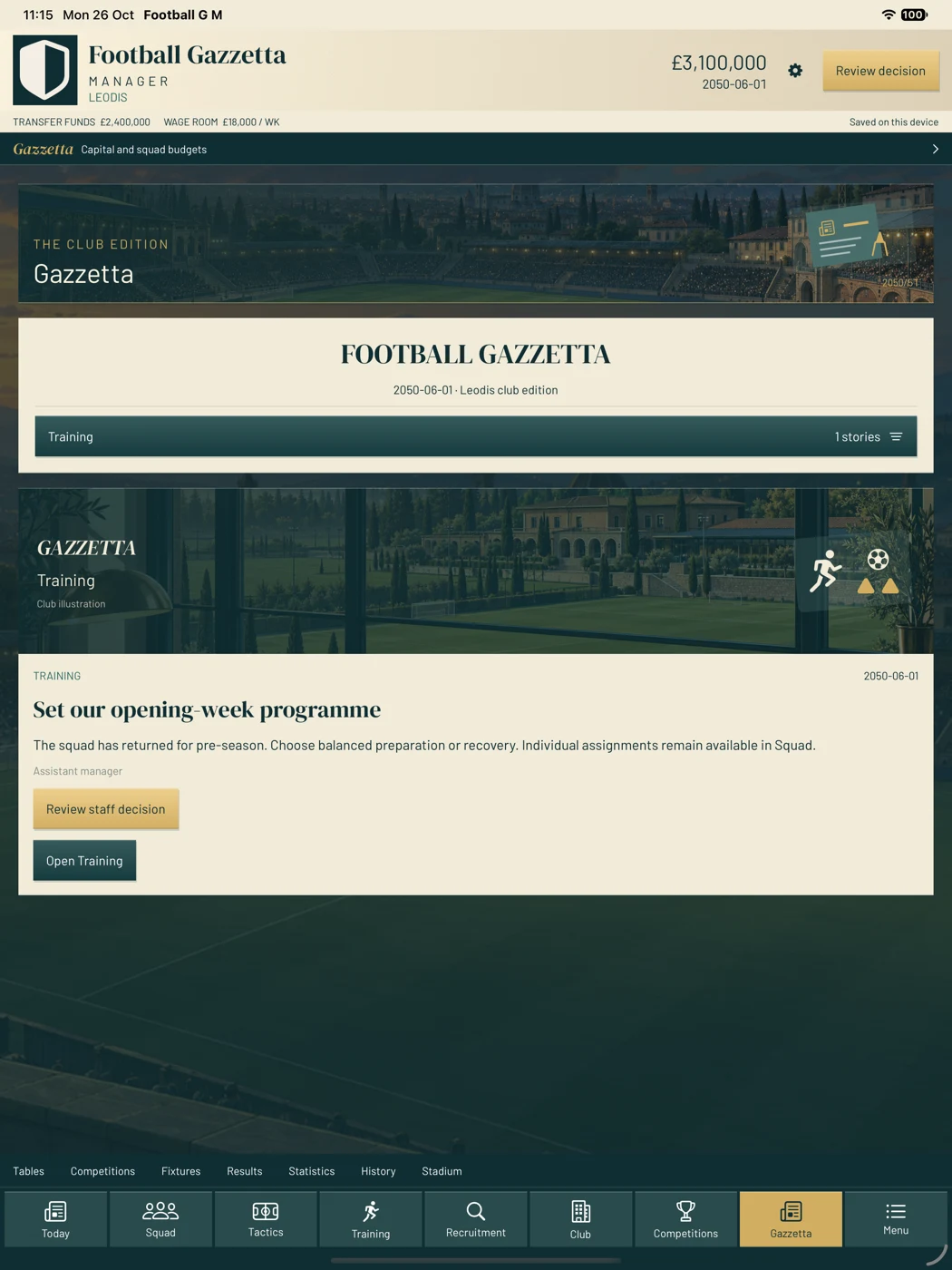 Full iPad Gazzetta newspaper screen with illustrated training news