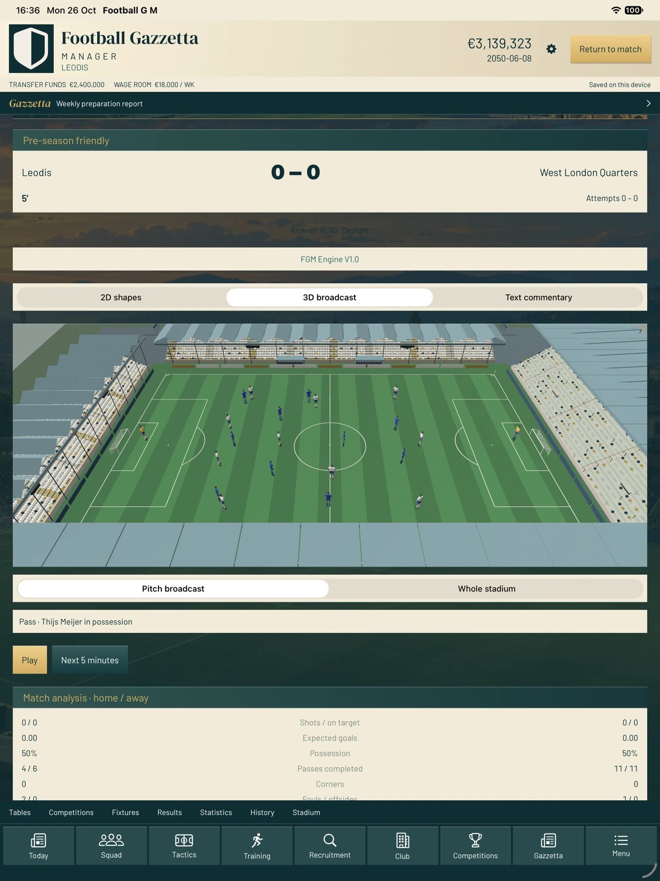Full iPad match screen with FGM Engine V1.0 and 3D pitch broadcast