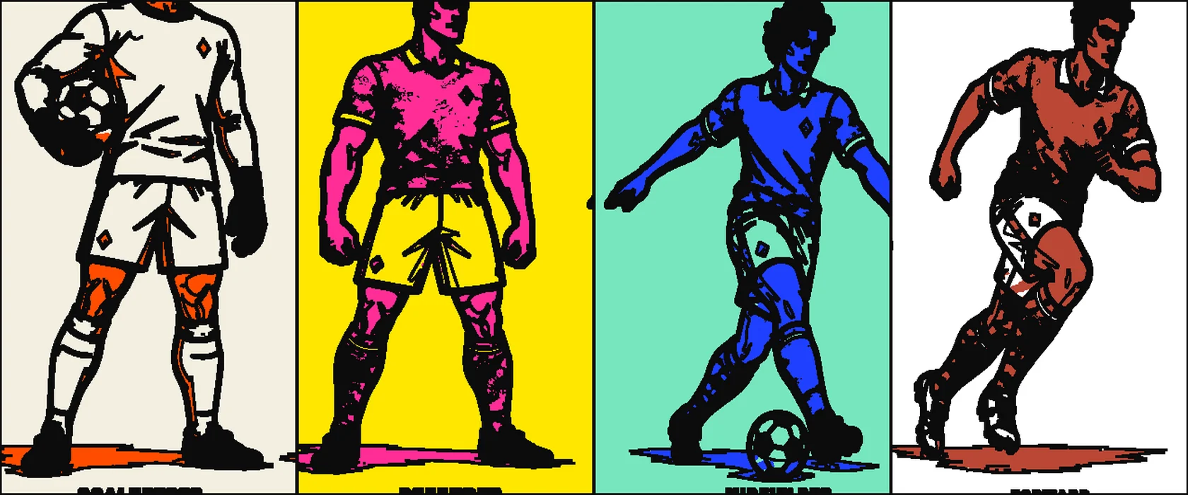 The goalkeeper, defender, midfielder and forward from the art-direction board, each screenprinted in a different colourway
