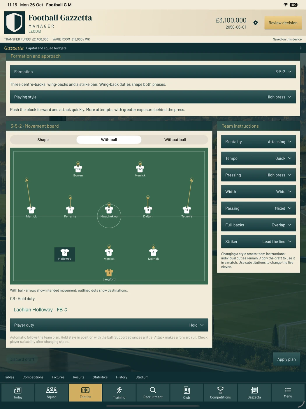 Full iPad tactics screen, including formation, player instructions and movement arrows